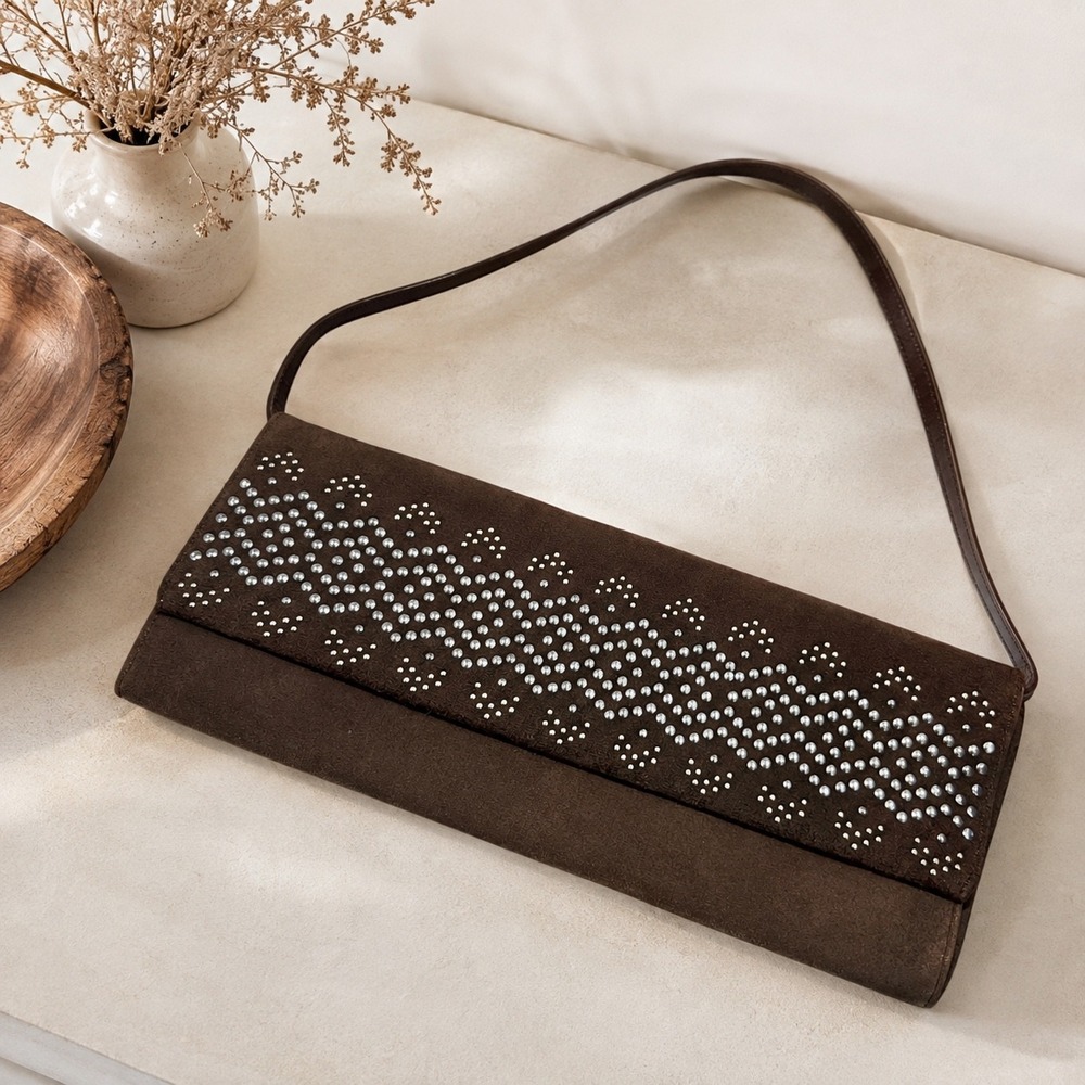 Via Spiga Y2K Chocolate Brown Suede Leather Studded Baguette Clutch Convertible